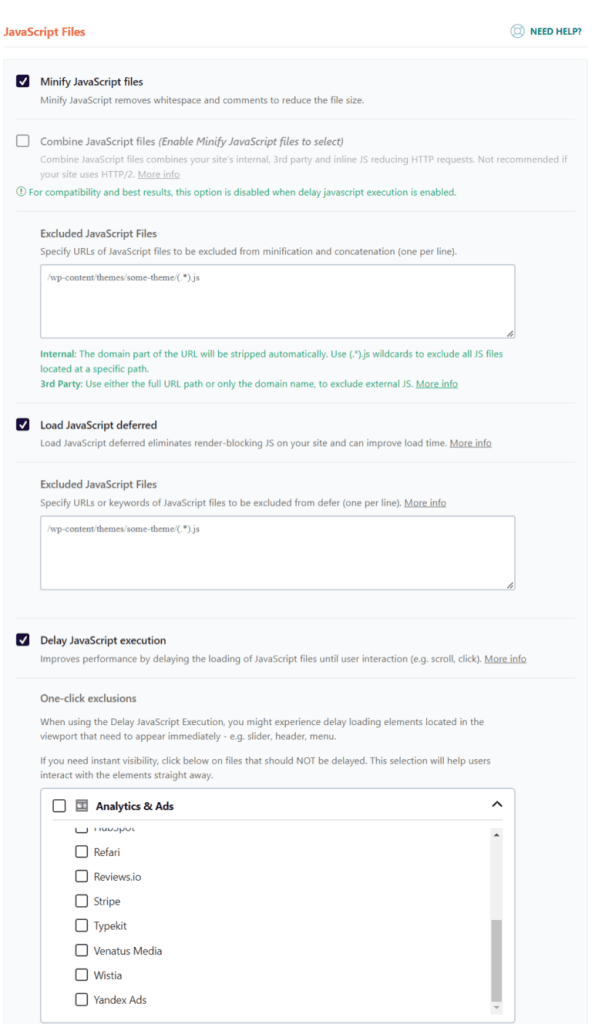 WP Rocket JavaScript files optimization dashboard showing minification, deferred loading, and execution delay settings.