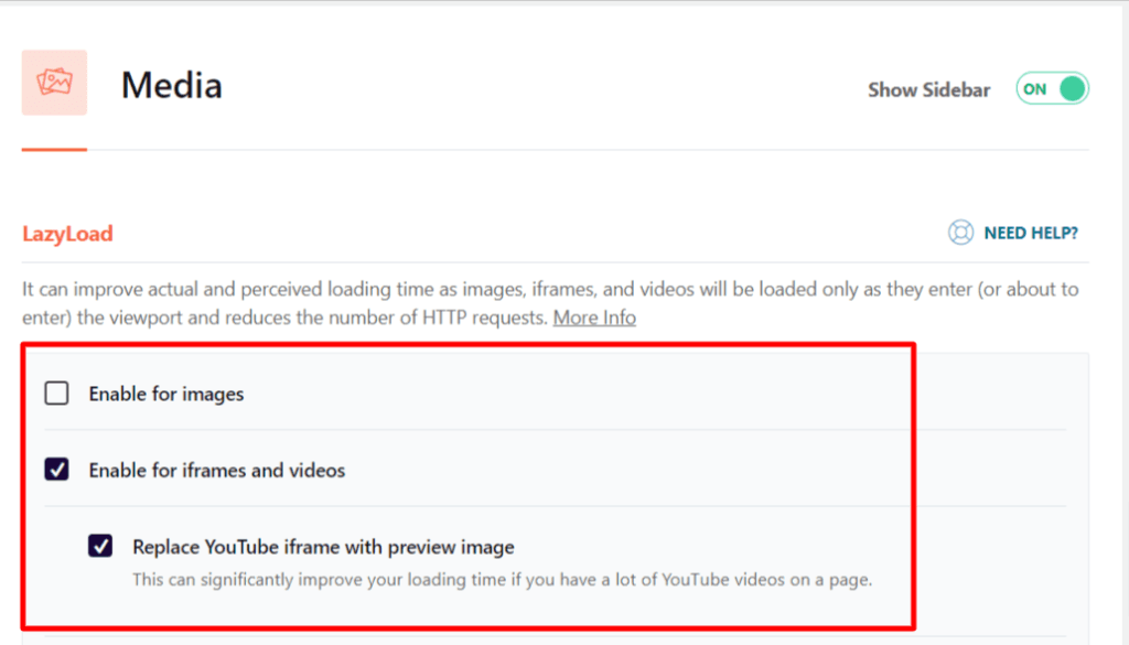 WP Rocket media settings dashboard with LazyLoad options for images, iframes, CSS background image, and videos including YouTube preview replacement.