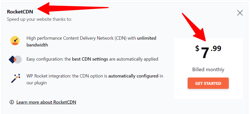 RocketCDN subscription page offering unlimited bandwidth and automatic configuration for seven dollars and ninety-nine cents monthly.