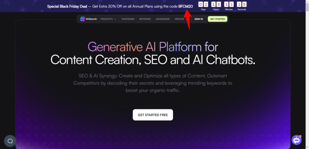 writesonic ai writer seo black friday deal - CyberNaira Writesonic home page showing AI writing and SEO tools with multi-model access and a 30% off Black Friday discount banner.