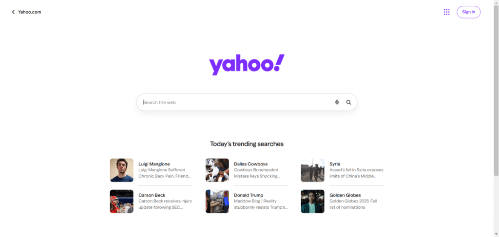 Yahoo search engine landing page featuring a central search bar and a "Today's trending searches" section with news tiles.