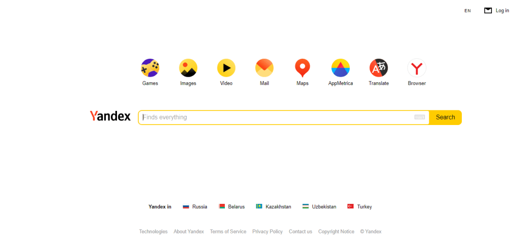 Yandex search engine homepage showing a central search bar and icons for various services including Games, Images, Video, Mail, and Maps.