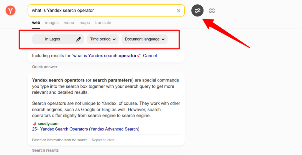 Yandex search results for "what is Yandex search operator" with red boxes and an arrow highlighting advanced filter options like location and time period.
