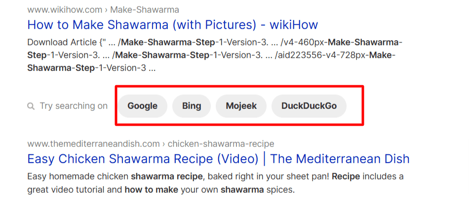 Yep search results for a shawarma recipe featuring a "Try searching on" section with quick links to Google, Bing, Mojeek, and DuckDuckGo.