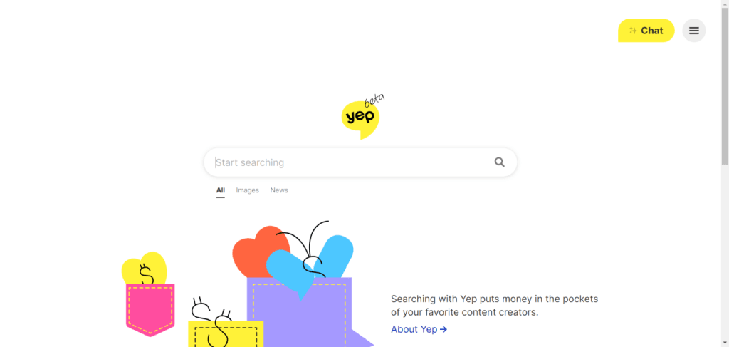 Yep search engine beta homepage featuring a minimalist design, a central search bar, and a creative illustration stating that searching with Yep puts money in the pockets of content creators.
