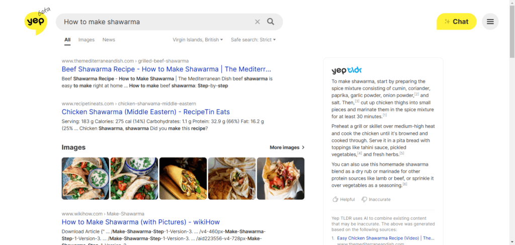 Yep search results for "How to make shawarma" featuring a sidebar called Yep TLDR which uses AI to summarize recipe instructions from multiple web sources.