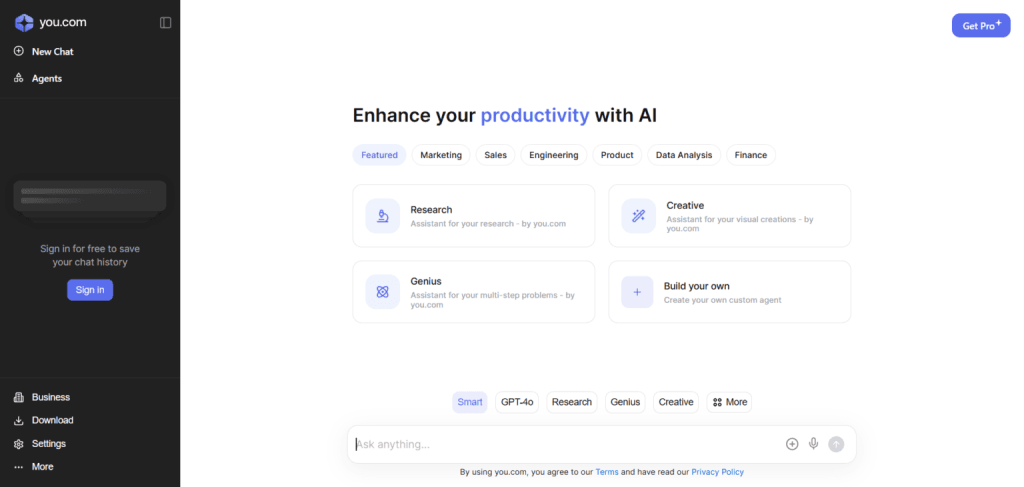 You.com AI productivity assistant homepage featuring different modes like Research, Creative, Genius, and a "Build your own" agent option.