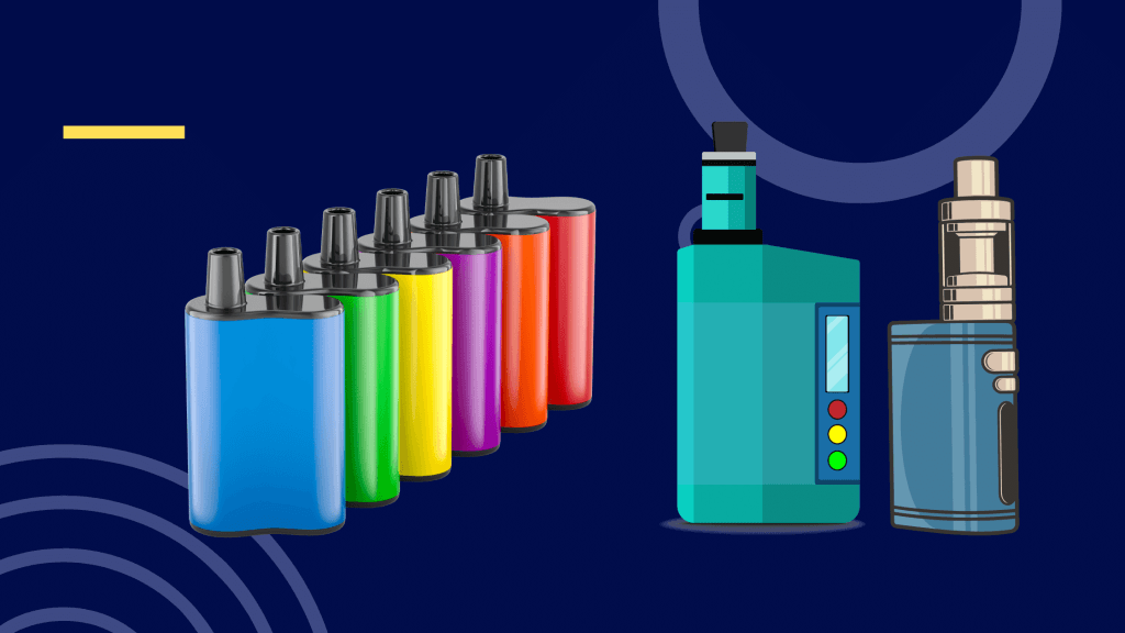 Colorful row of disposable vapes alongside two larger box mod vape devices on a dark blue background.