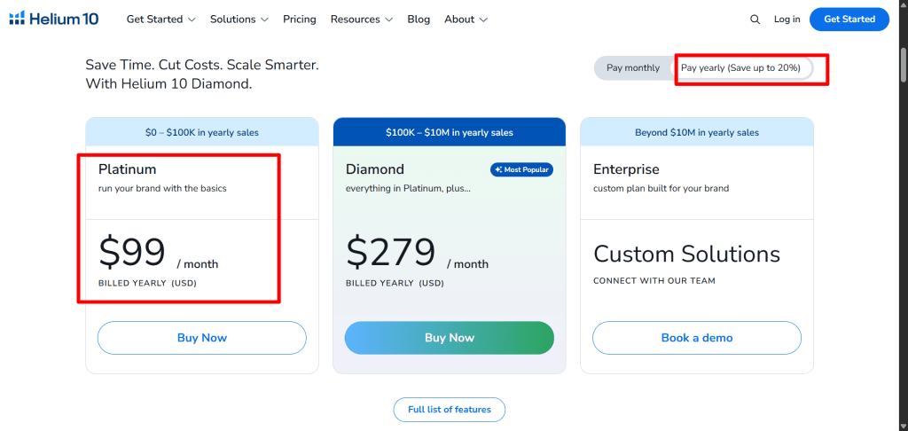 helium 10 pricing plans annual subscription discount Helium 10 pricing page highlighting Platinum and Diamond plans with a 20% yearly discount option.