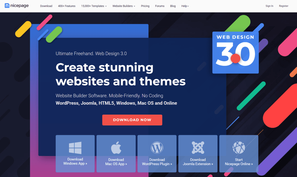 Nicepage homepage on dark blue background with "Web Design 3.0" graphic and download buttons for Windows, Mac, WordPress, and Joomla.