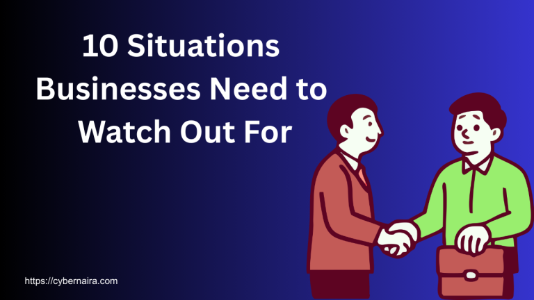Illustration of two men shaking hands next to "10 Situations Businesses Need to Watch Out For" text on a blue gradient.