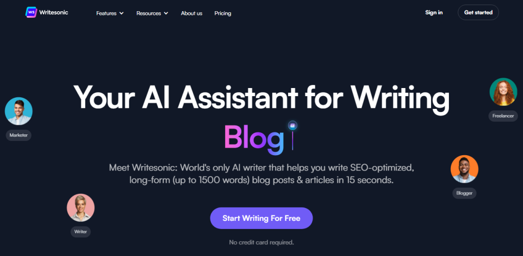 writesonic ai writing assistant homepage - CyberNaira Writesonic homepage featuring "Your AI Assistant for Writing Blog" headline with a "Start Writing For Free" button and diverse user avatars.