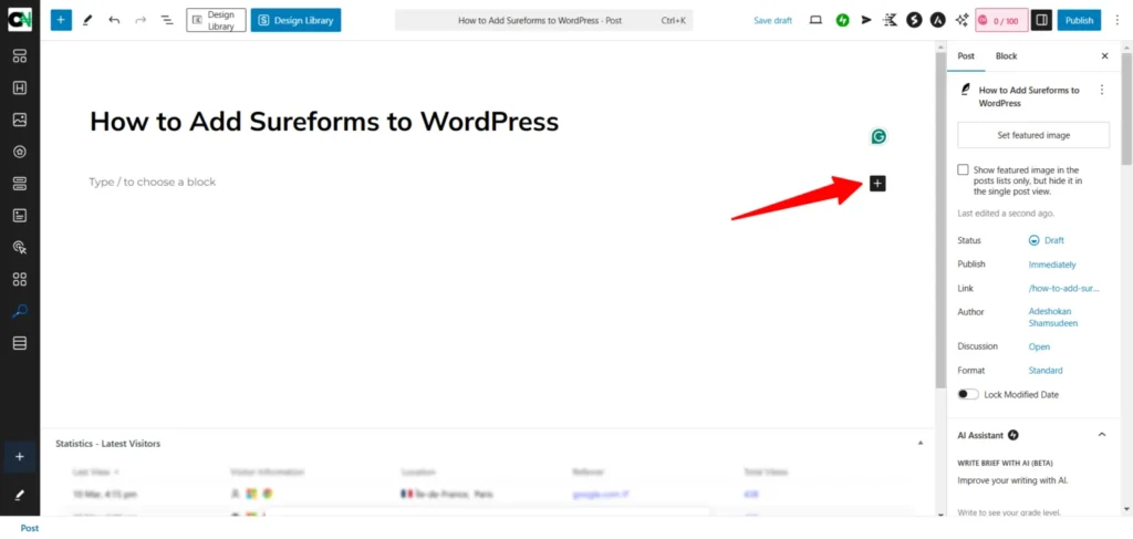 WordPress Gutenberg editor showing how to add a block using the plus button to insert a SureForms form into a post.