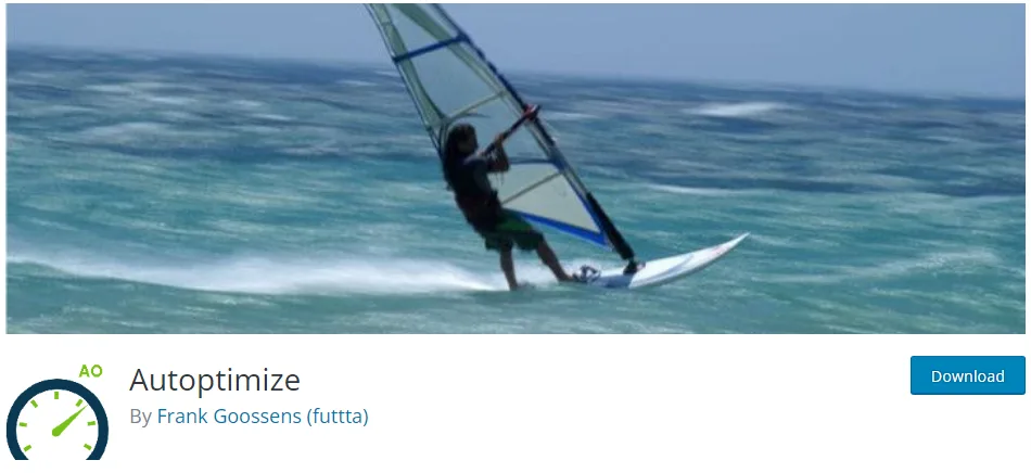 Autoptimize WordPress plugin page showing the plugin banner and download button in the WordPress plugin directory.
