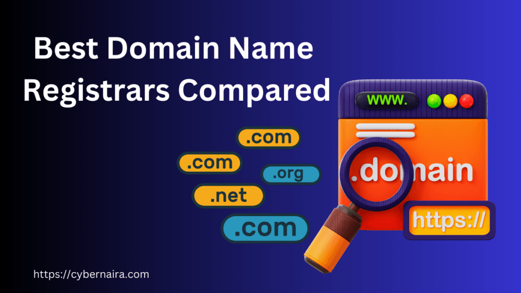 Illustration showing best domain name registrars comparison with domain extensions like .com, .net, and .org.