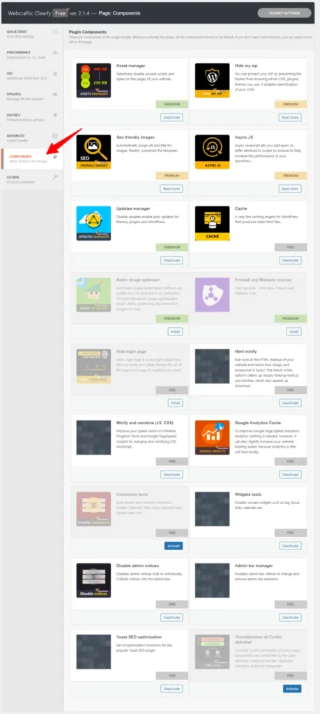Clearfy plugin components page in WordPress dashboard showing modules like SEO friendly images, async JS, cache, and asset manager.