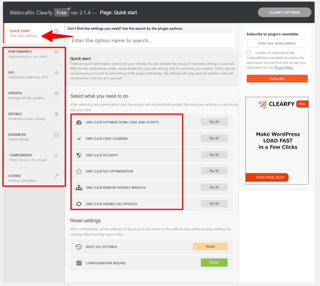 Clearfy plugin quick start settings page in WordPress showing one-click optimization options for HTML, scripts, SEO, and security.