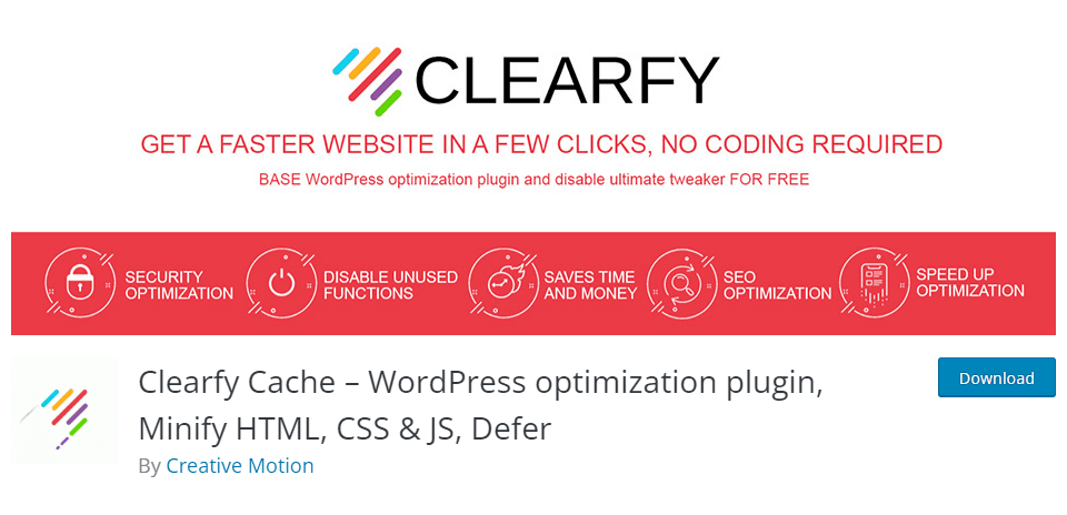 Clearfy WordPress optimization plugin banner showing features like SEO optimization, disabling unused functions, and speed optimization.
