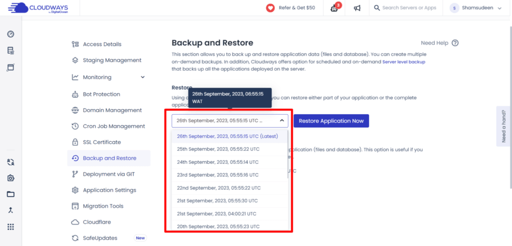 Cloudways backup and restore page showing list of automatic daily backups with restore application option.