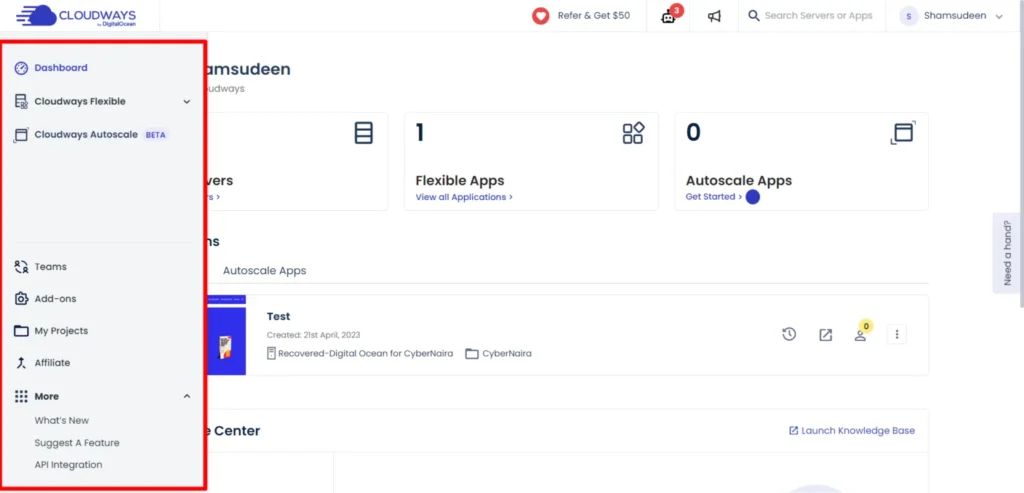 Cloudways dashboard sidebar menu showing navigation options like dashboard, flexible apps, autoscale, teams, add-ons, and project.
