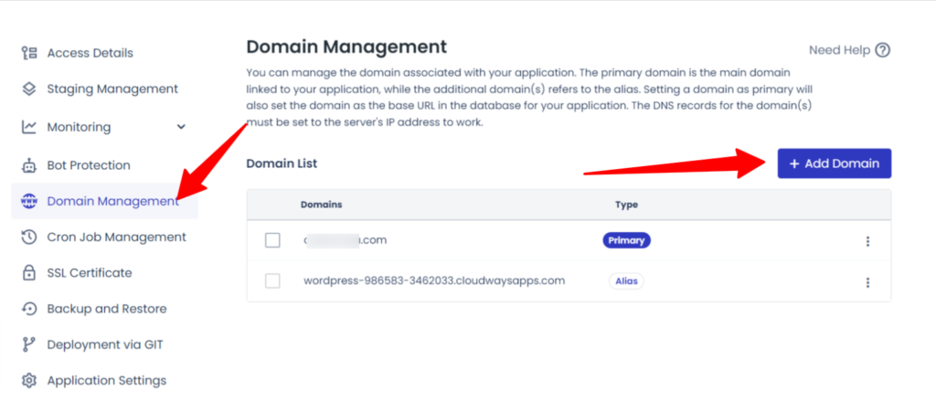 Cloudways domain management page showing domain list and add domain button in application settings.