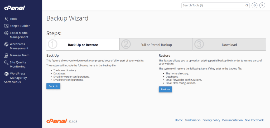 cpanel backup wizard and data restoration interface cPanel Backup Wizard interface displaying steps for backing up or restoring website data including home directory, databases, and configurations.