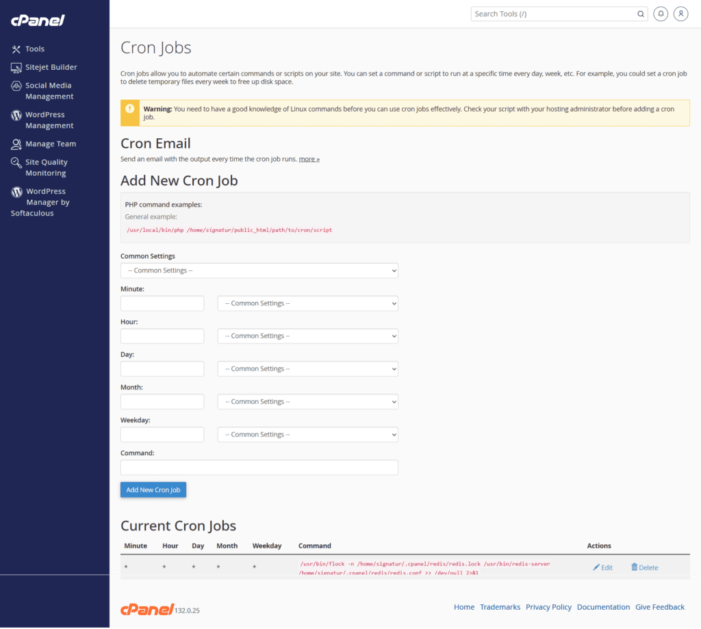 cpanel cron jobs management and automated task configuration cPanel Cron Jobs interface showing settings for command scheduling and a list of current active jobs.