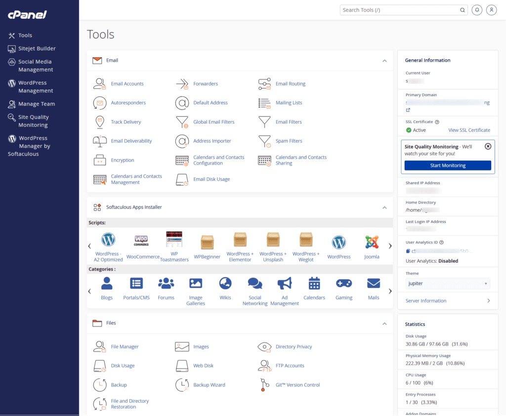 cpanel dashboard interface with tool section cPanel dashboard interface displaying Email, Softaculous Apps Installer, and Files sections with server statistics in the sidebar.