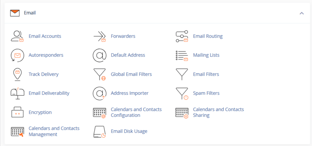 cpanel email management tools cPanel email management tools menu showing icons for accounts, forwarders, routing, autoresponders, mailing lists, tracking, filters, and disk usage.