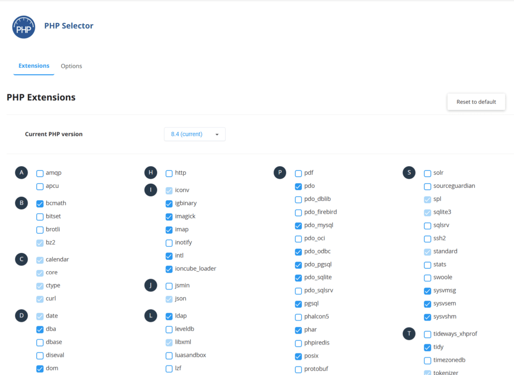 cpanel php selector extension management configuration cPanel PHP Selector dashboard displaying a list of enabled and disabled PHP extensions with the current version set to 8.4.