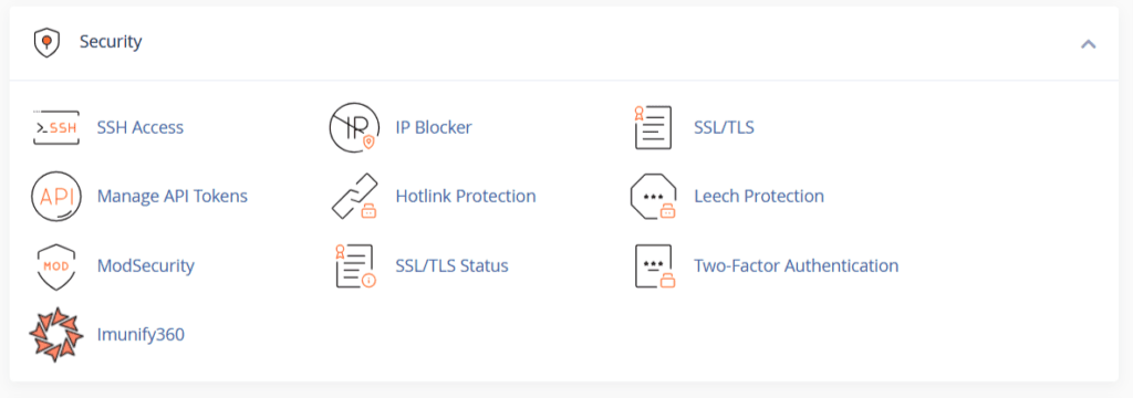 cpanel security management tools cPanel security dashboard displaying icons for SSH Access, IP Blocker, SSL/TLS, Manage API Tokens, Hotlink Protection, Leech Protection, ModSecurity, SSL/TLS Status, Two-Factor Authentication, and Imunify360.