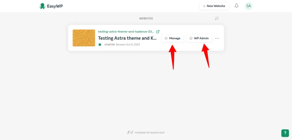 EasyWP dashboard showing website list with manage and WP admin buttons for WordPress site access.
