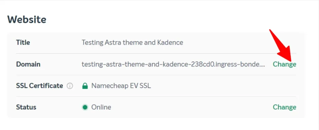 EasyWP website settings showing domain section with change option and SSL certificate status.