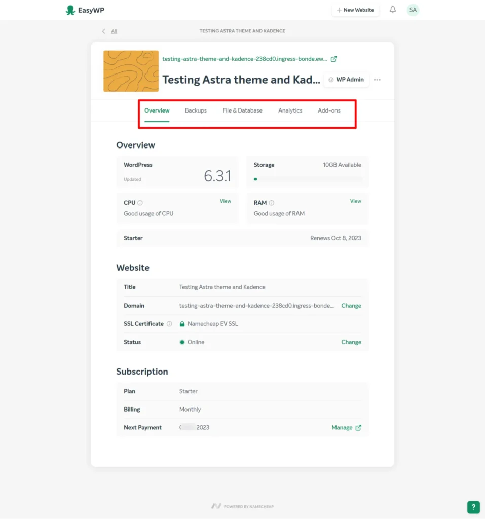EasyWP website management page showing overview tab, backups, file and database, analytics, and add-ons options.