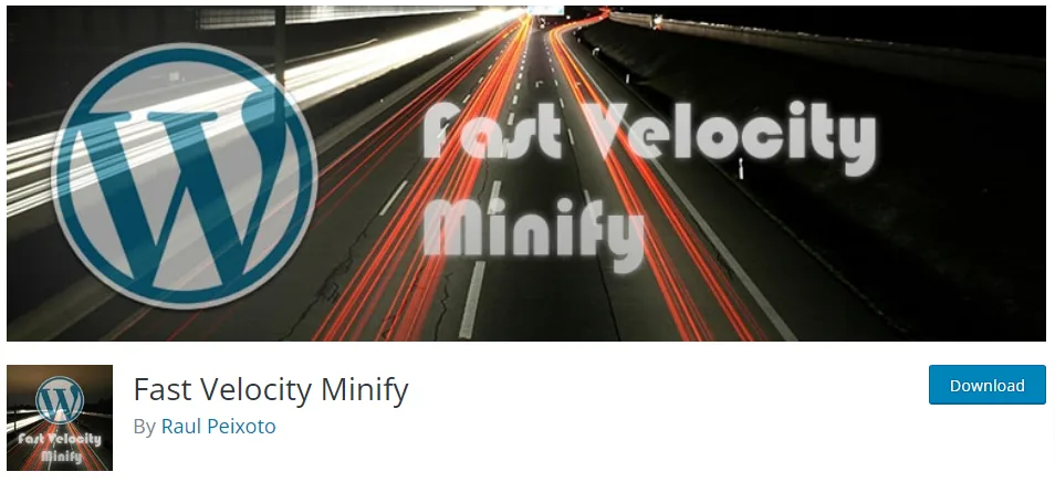 Fast Velocity Minify WordPress plugin banner showing website speed optimization and minification for CSS and JavaScript.