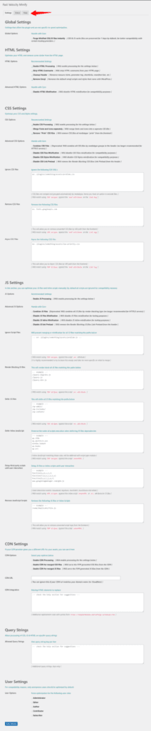 Fast Velocity Minify plugin settings page in WordPress showing HTML, CSS, and JavaScript optimization options.
