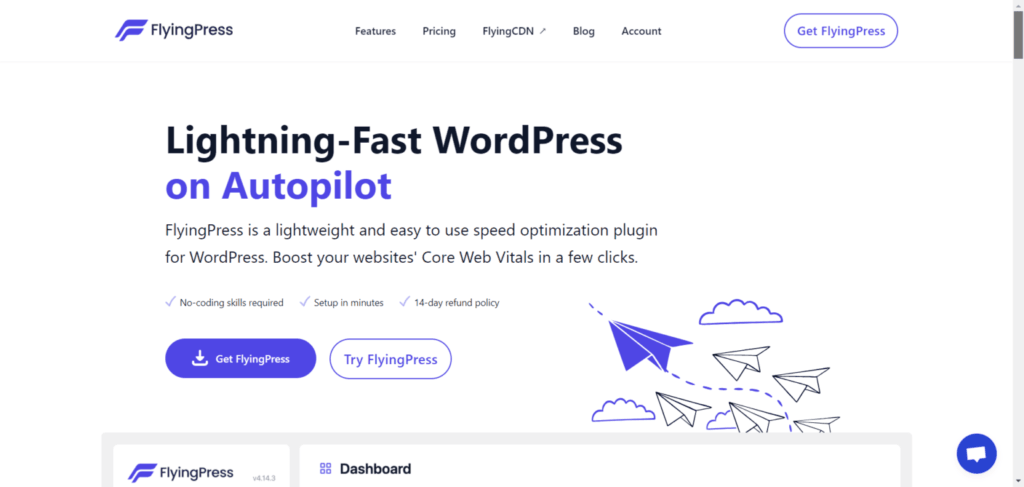 FlyingPress WordPress speed optimization plugin homepage showing the headline “Lightning-Fast WordPress on Autopilot.”