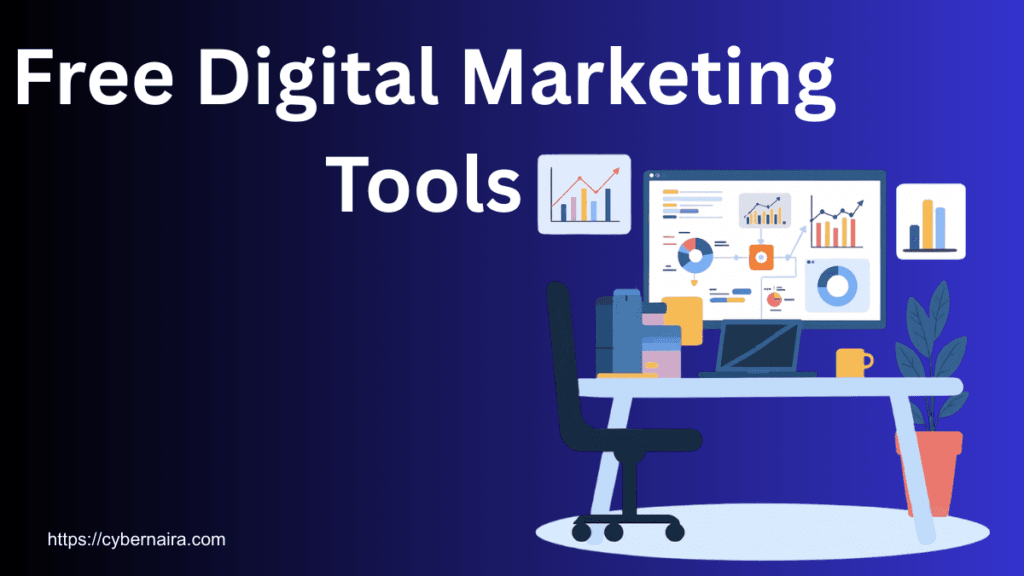 Free digital marketing tools illustration with analytics dashboard, charts, and workspace setup.