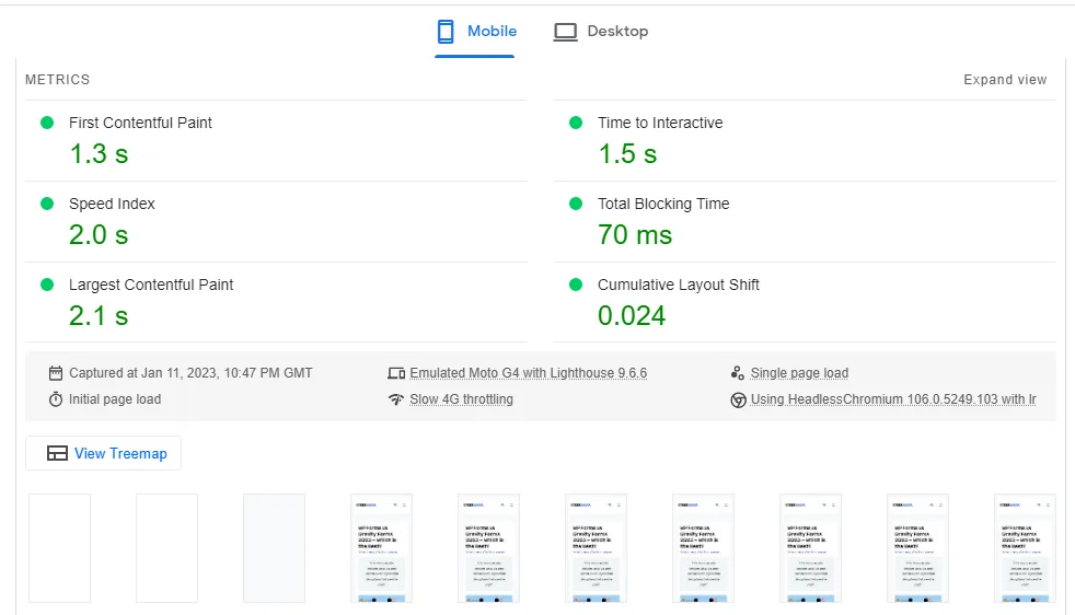 Google PageSpeed Insights report showing mobile Core Web Vitals results including First Contentful Paint, Speed Index, and Largest Contentful Paint.