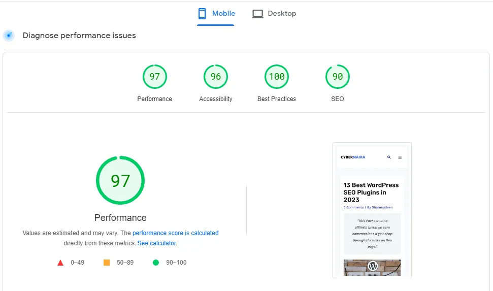 Google PageSpeed Insights mobile results showing high performance score after website optimization.