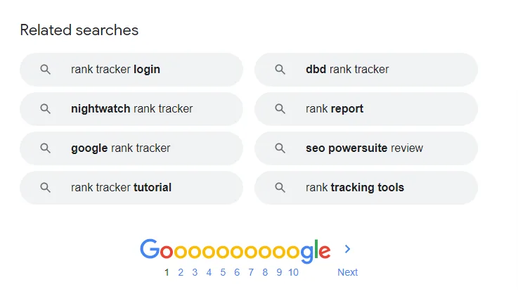 Google Search results page showing a "Related searches" section with keyword buttons for rank tracker login, nightwatch rank tracker, google rank tracker, rank tracker tutorial, dbd rank tracker, rank report, seo powersuite review, and rank tracking tools.