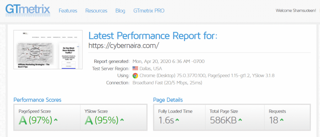 GTmetrix performance report for cybernaira.com showing PageSpeed score, YSlow score, load time, and page size.