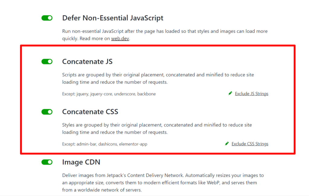Jetpack Boost settings panel showing image CDN, concatenate JavaScript, and concatenate CSS options for file optimization.