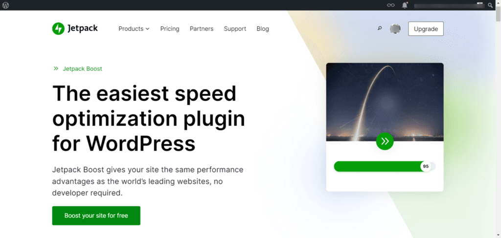 Jetpack Boost plugin homepage showing WordPress speed optimization tool with the headline “The easiest speed optimization plugin for WordPress.”