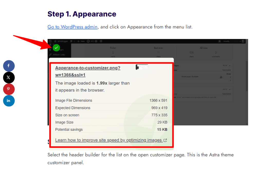 Jetpack image optimization recommendation showing oversized image warning and suggested dimensions for better page speed.
