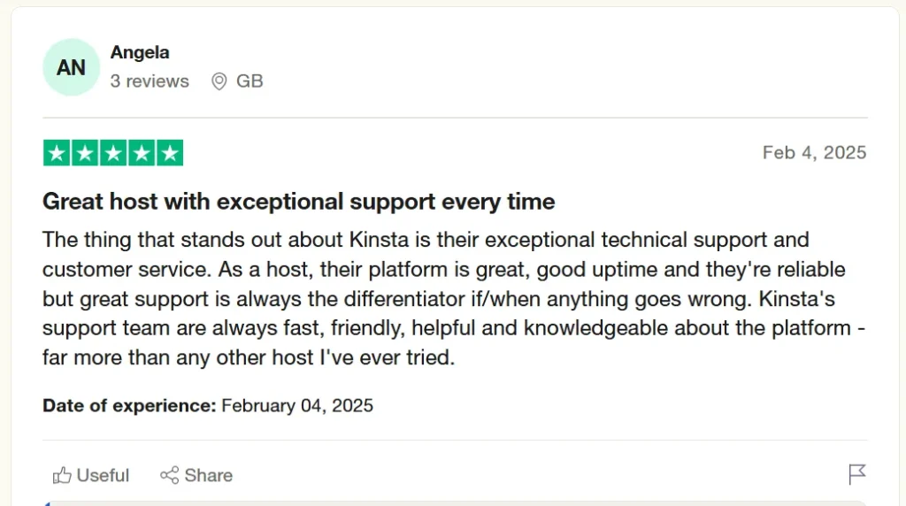 5 star customer review of Kinsta highlighting exceptional support, uptime, and reliable hosting experience on Trustpilot.