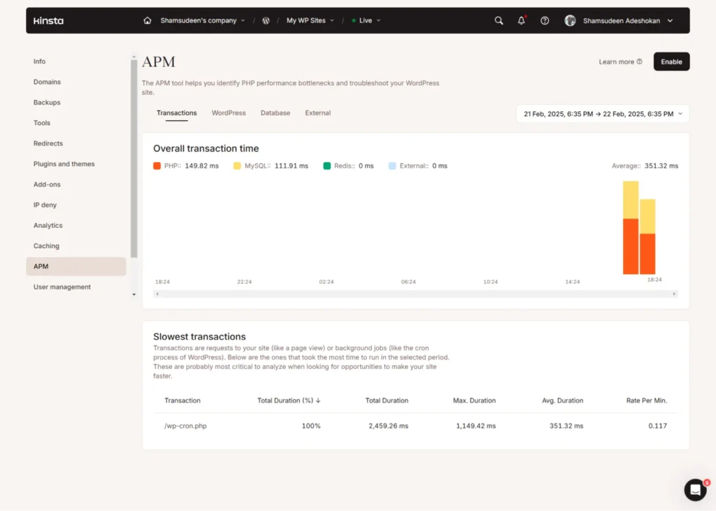 Kinsta APM dashboard showing transaction performance data, PHP and MySQL response times, and slowest transactions analysis.