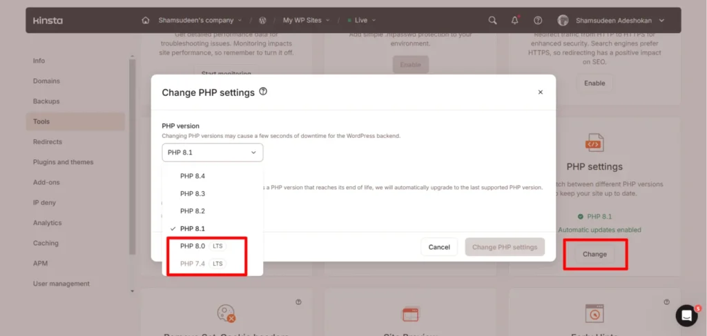 Kinsta dashboard showing change PHP settings with dropdown to switch PHP versions and update configuration.
