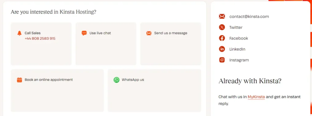 Kinsta customer support page showing contact options including phone, live chat, message, WhatsApp, and social media links.