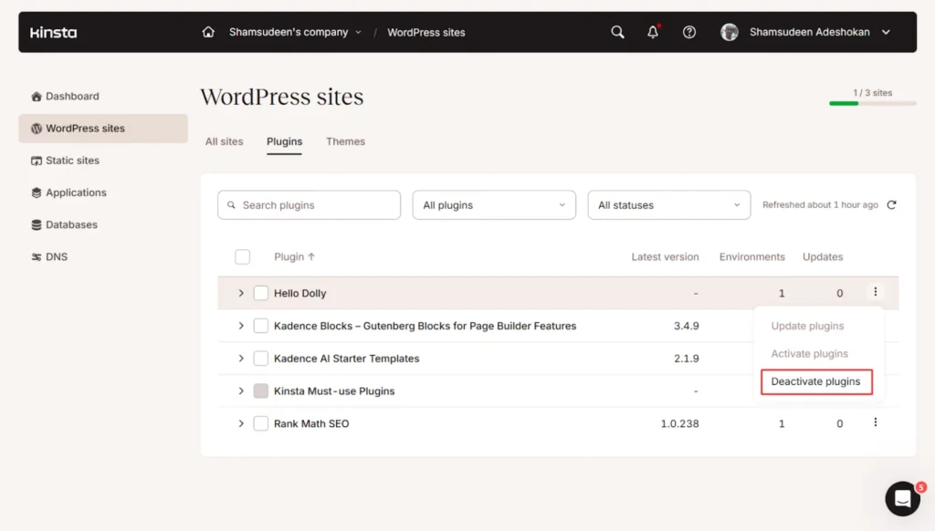 Kinsta dashboard showing WordPress plugins list with option to deactivate plugins directly from hosting panel.